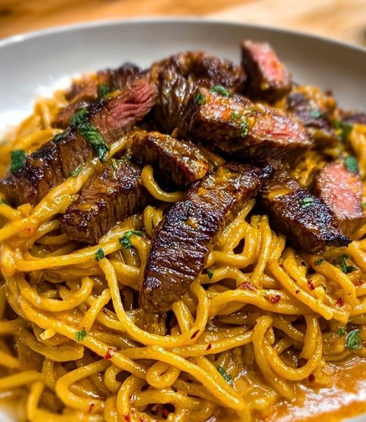 Creamy Cajun Garlic Butter Spaghetti with Beef Strips
