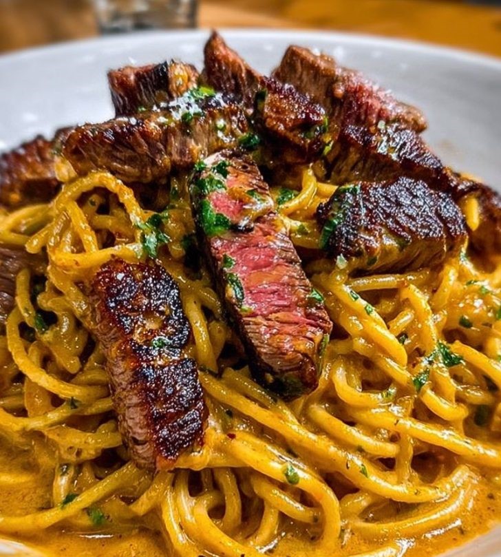 Creamy Cajun Garlic Butter Spaghetti with Beef Strips
