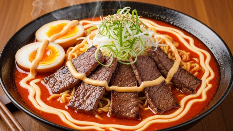 Spicy Korean Ramen with Grilled Beef & Creamy Sauce